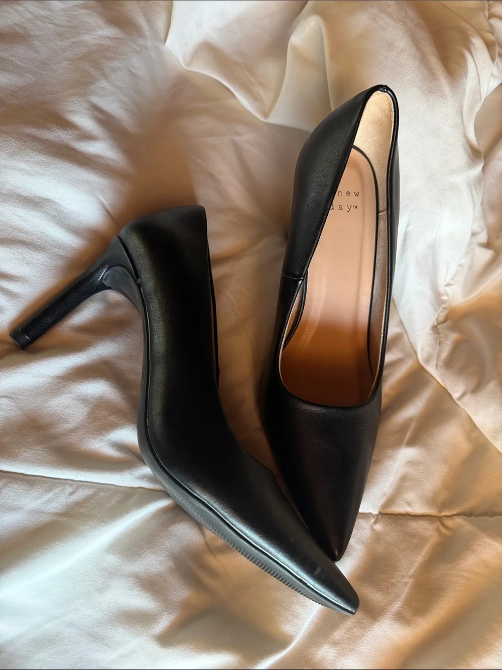 a new day Black Pointed Toe Leather Pumps